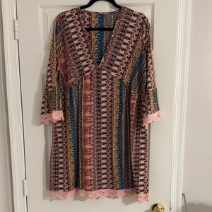 SHEIN Multicolor Patterned 3/4 Sleeves V-Neck Mini Dress with Lace Trim